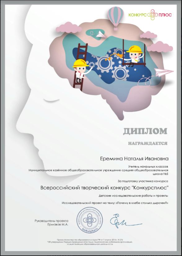 Диплом Всероссийский творческий конкурс Конкурсплюс  наставника Максима Котлярова Ереминой Натальи Ивановны.